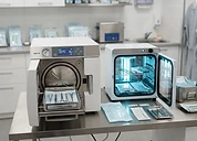 Large Steam Sterilizer — Benchtop autoclave steriliser and UV disinfection equipment in a clinic sterile room
