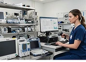 Equipment Tracking Software — Barcode-tagged medical equipment with hospital asset management tracking workstation