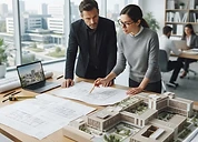 Department Design Service — Architects reviewing hospital master plan blueprints and a healthcare campus scale model