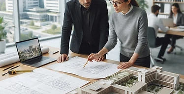 Hospital Master Plan — Architects reviewing hospital master plan blueprints and a healthcare campus scale model