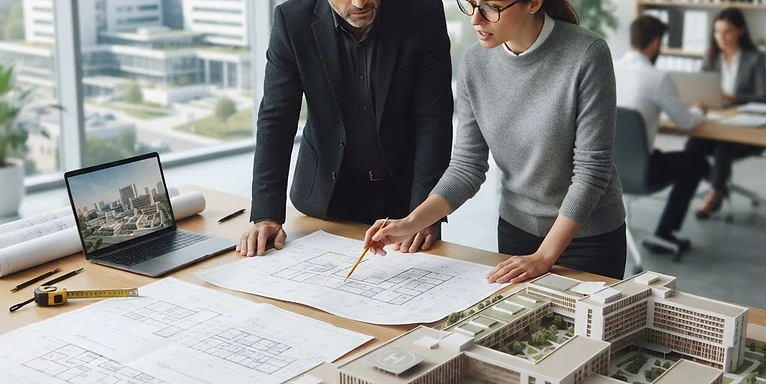 Hospital Master Plan — Architects reviewing hospital master plan blueprints and a healthcare campus scale model