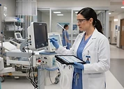 Compliance Assessment — Biomedical engineer with tablet inspecting hospital equipment during a facility audit