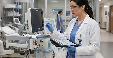 Facility Condition Assessment — Biomedical engineer with tablet inspecting hospital equipment during a facility audit