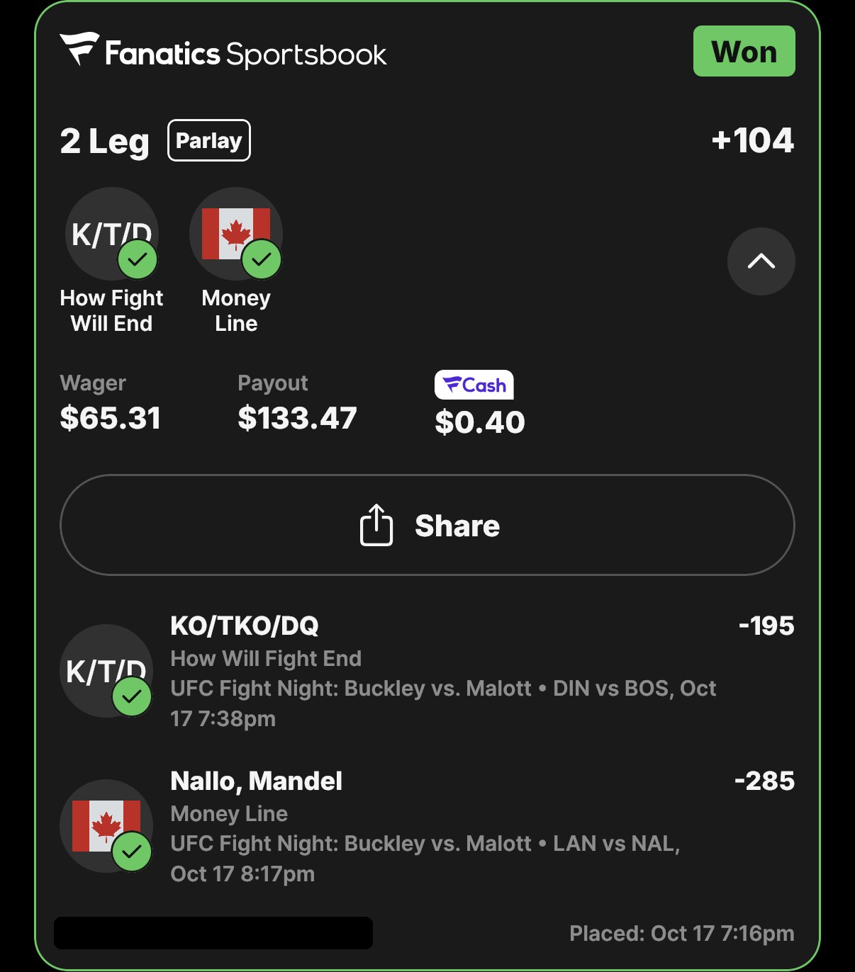 Winning parlay slip, Diniz vs Boser ends by KO/TKO, Mandel Nallo