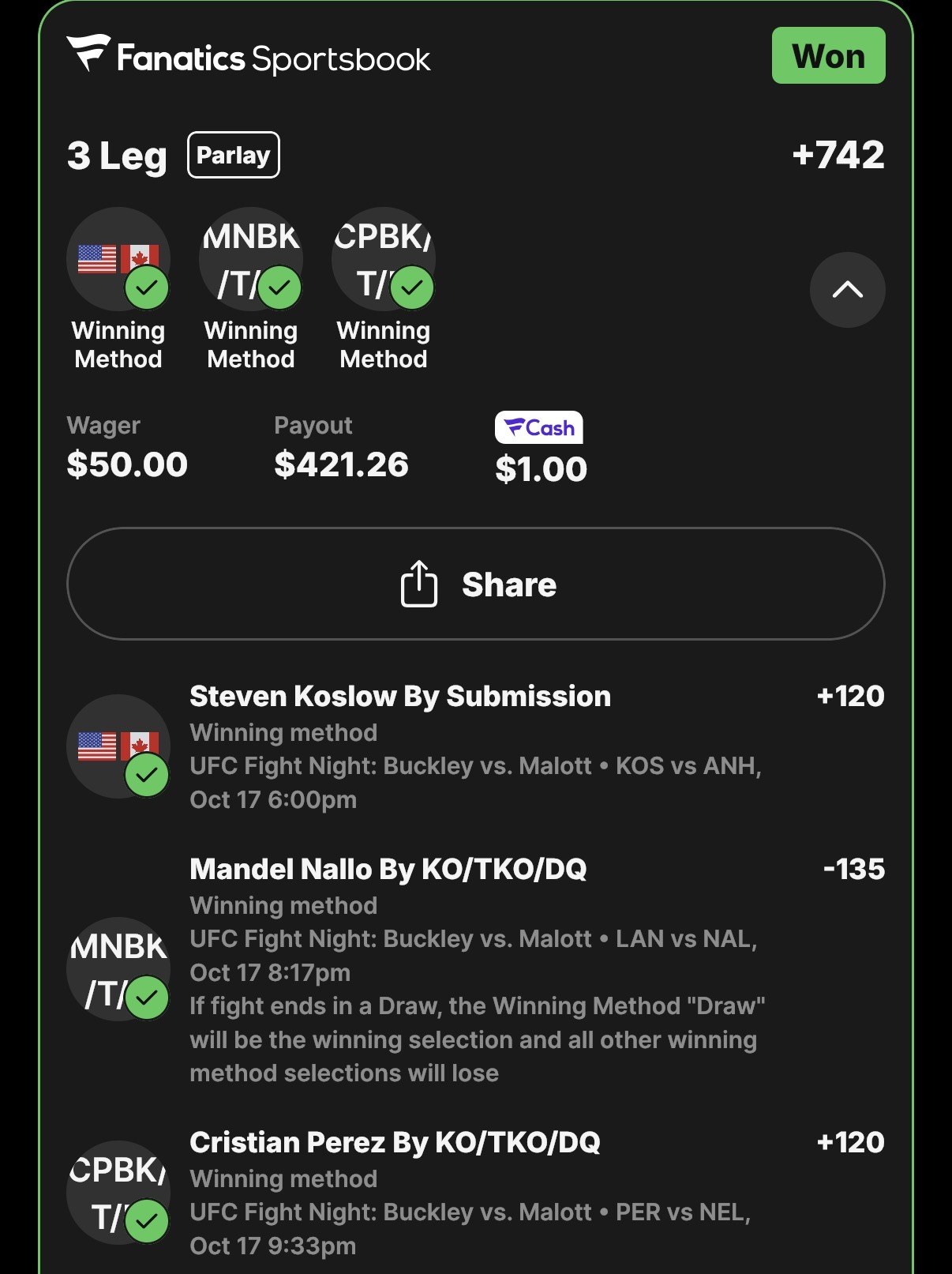 Winning parlay slip, Steven Koslow by Submission, Mandel Nallo by KO/TKO, Cristian Perez by KO/TKO