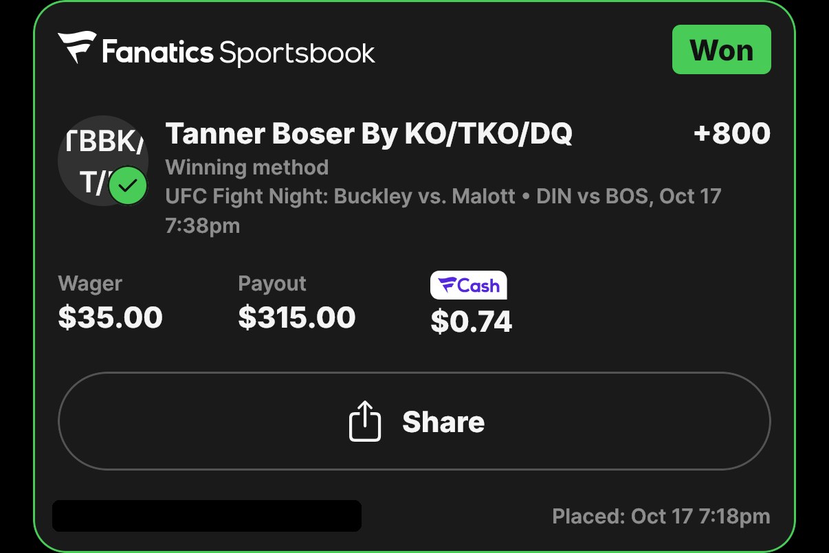 Winning bet slip, Tanner Boser by KO/TKO