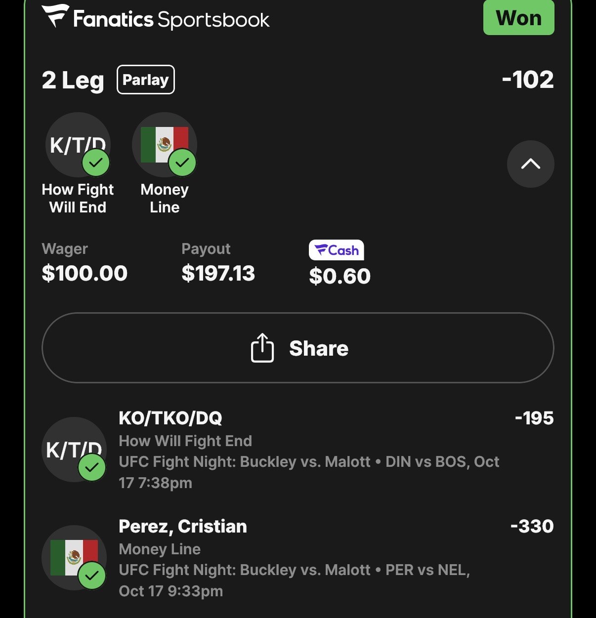 Winning parlay slip, Diniz vs Boser ends by KO/TKO, Cristian Perez