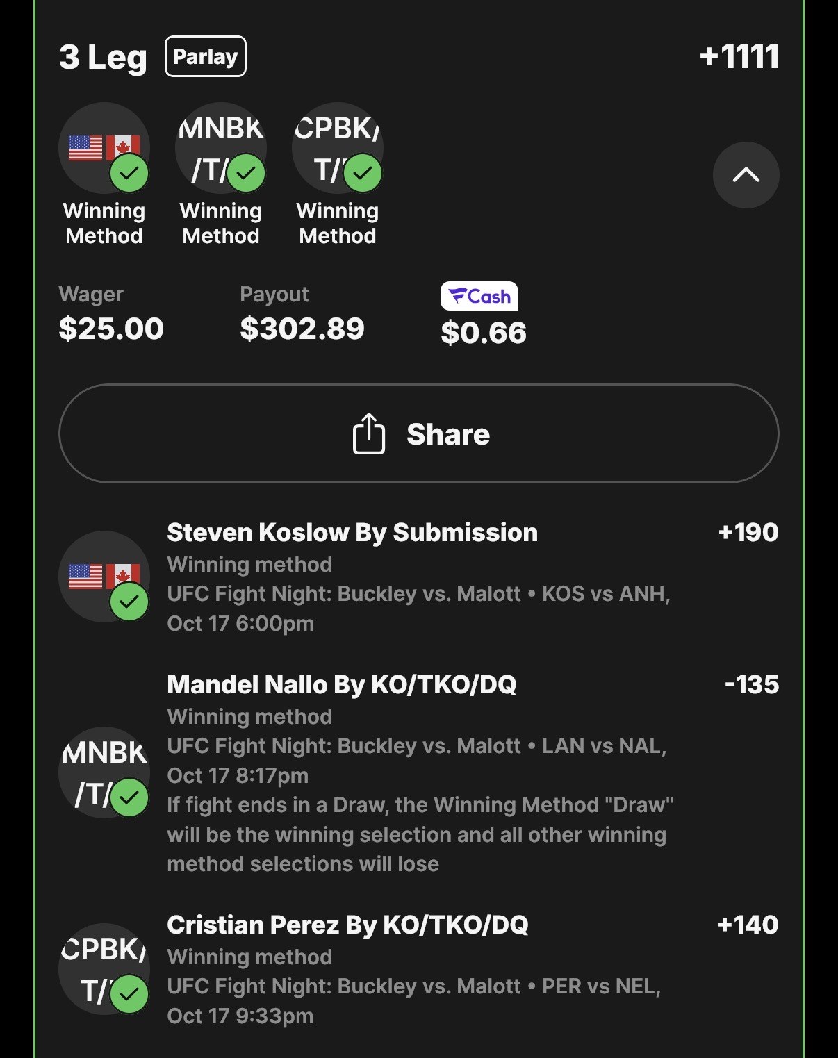 Winning parlay slip, Steven Koslow by Submission, Mandel Nallo by KO/TKO, Cristian Perez by KO/TKO