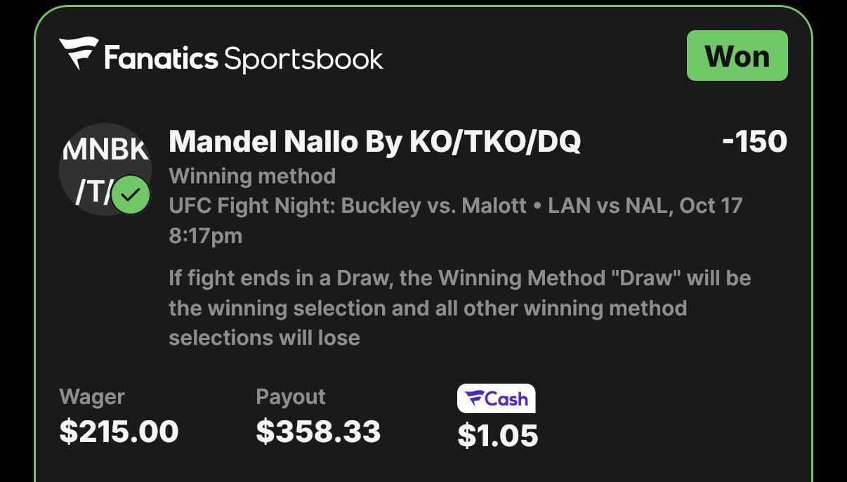 Winning bet slip, Mandel Nallo by KO/TKO