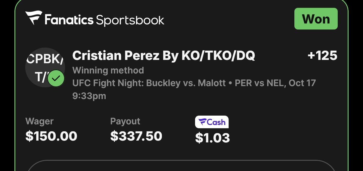 Winning bet slip, Cristian Perez by KO/TKO