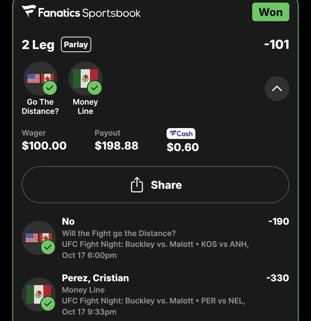 Winning parlay slip, Koslow vs Anheliger does not go the distance, Cristian Perez
