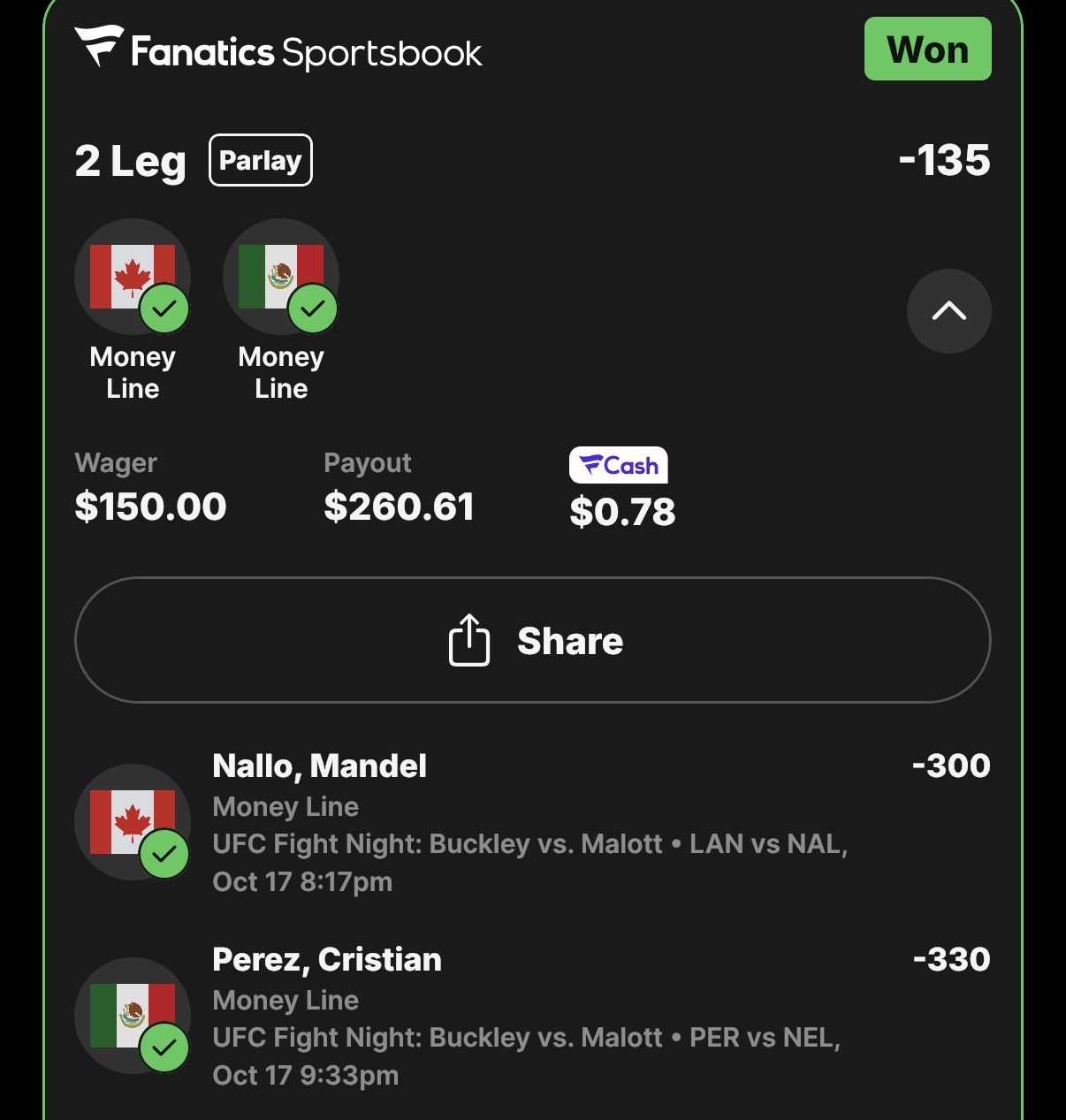 Winning parlay slip, Mandel Nallo, Cristian Perez