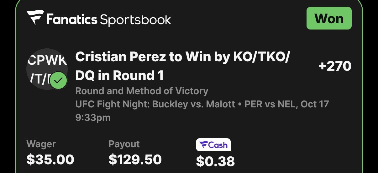 Winning bet slip, Cristian Perez to win by KO/TKO in Round 1