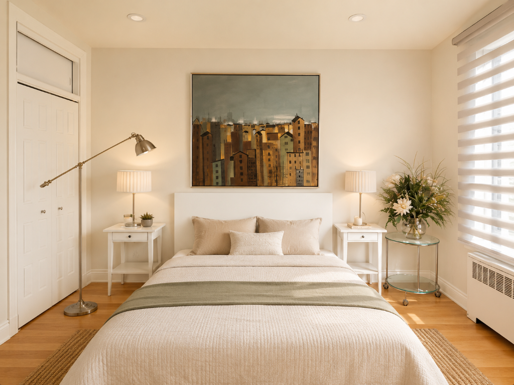 Chambre principale meublée avec lit queen, lampe sur pied et œuvre d'art, appartement à Côte-des-Neiges