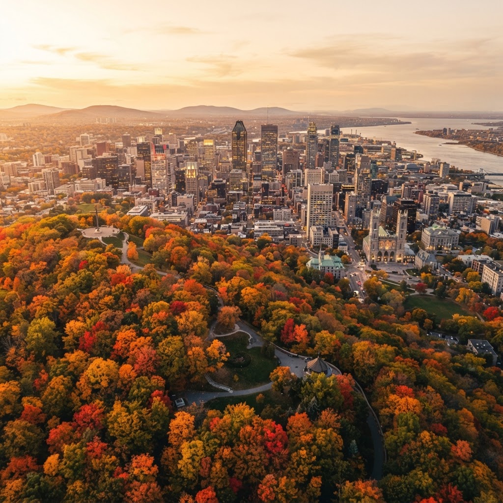 Skyline de Montréal au coucher de soleil depuis le mont Royal