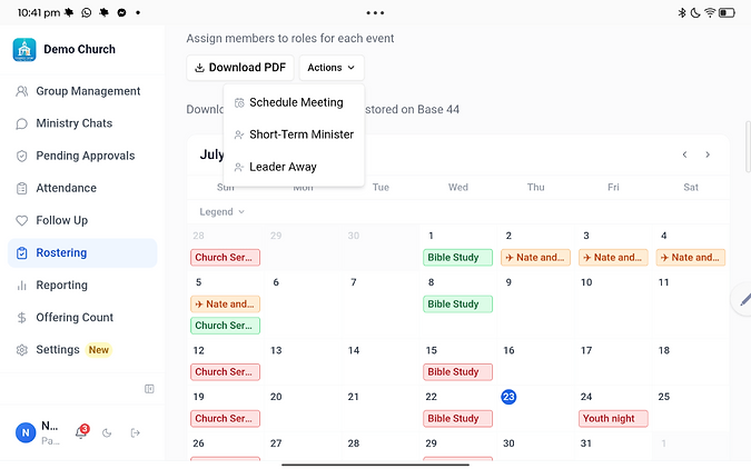 Rostering — assign members to roles on a shared calendar