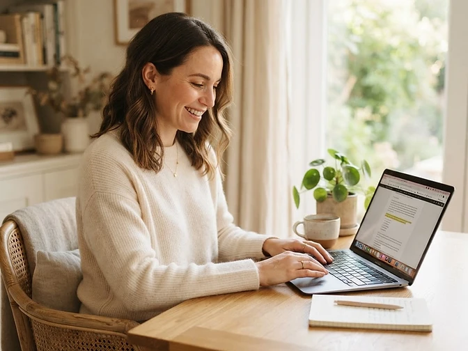 A woman working from home on her laptop
