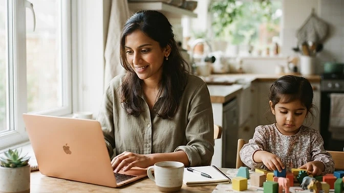 A woman working from home on her laptop