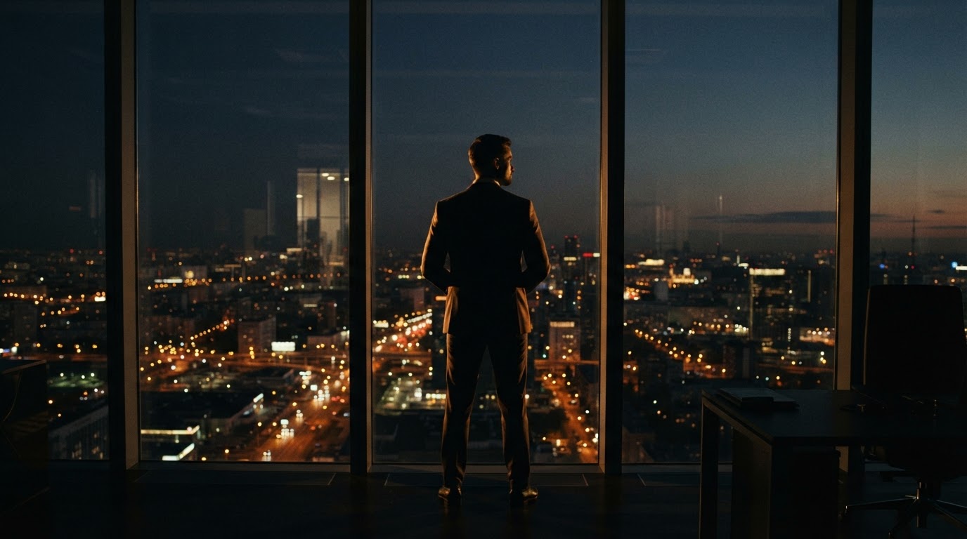 Silhouette of a figure at a high-rise window overlooking a city