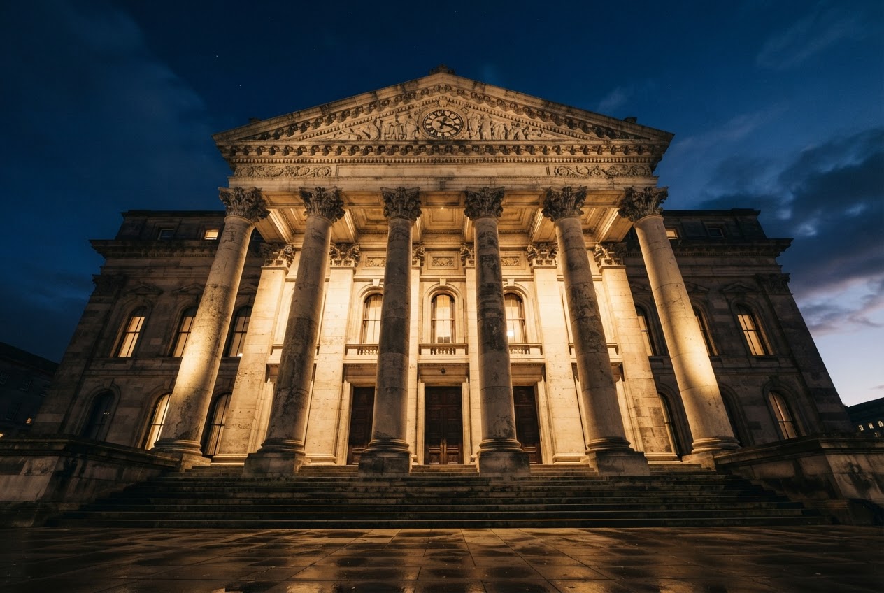 Grand courthouse exterior at twilight