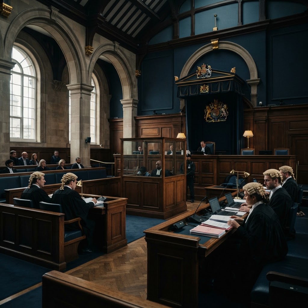 A modern UK courtroom with barristers in traditional gowns and wigs