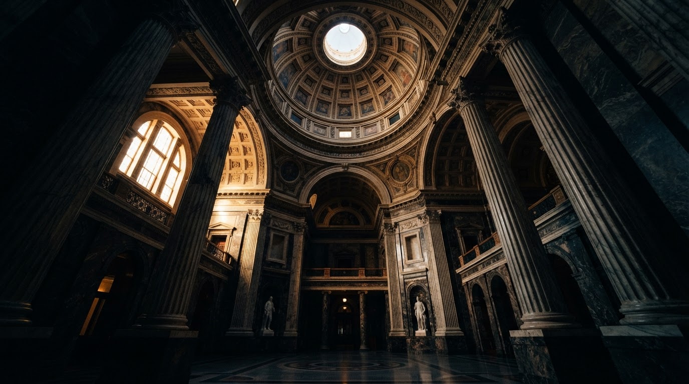Dramatic courthouse interior with towering marble columns