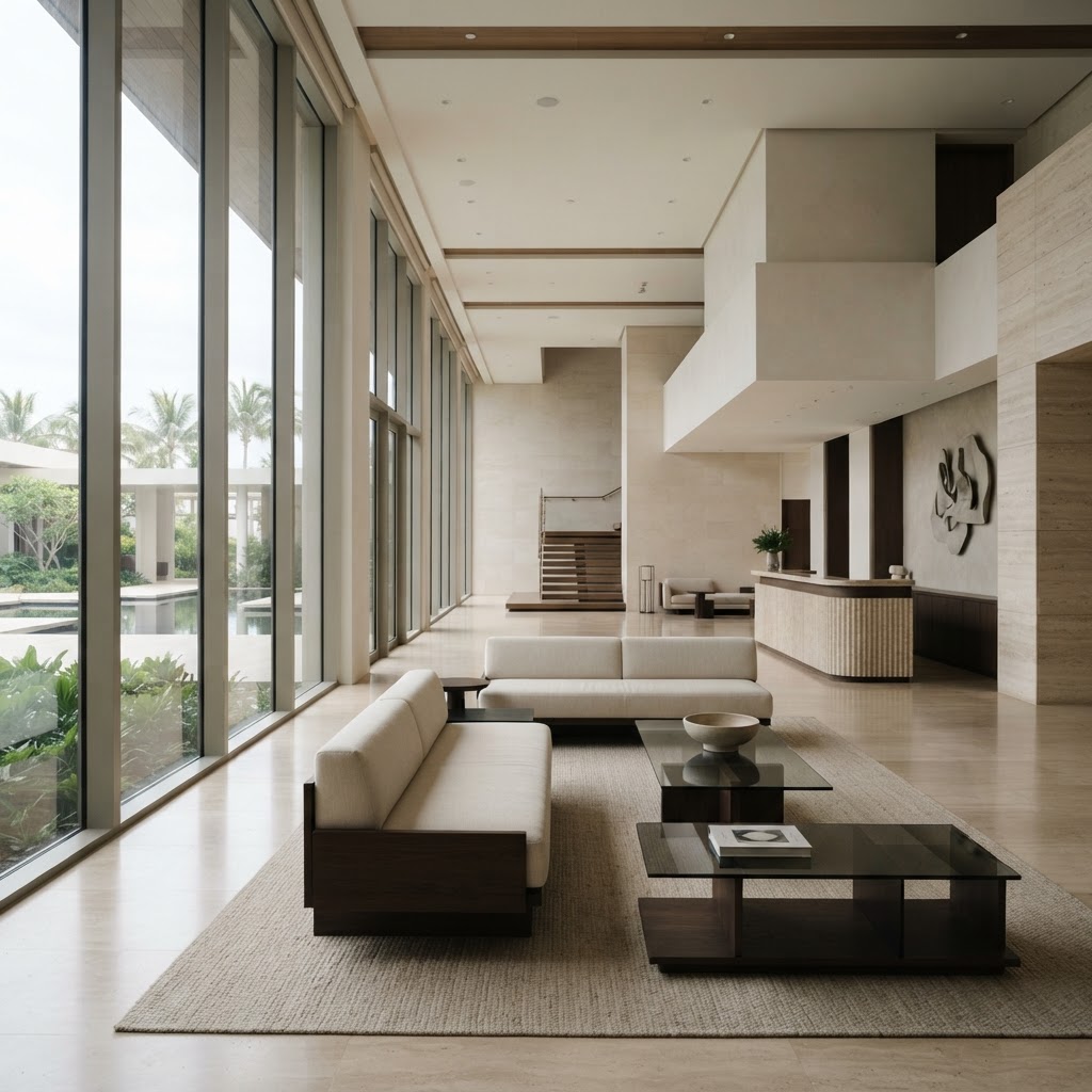 A minimalist resort lobby demonstrating a calm and structured environment.