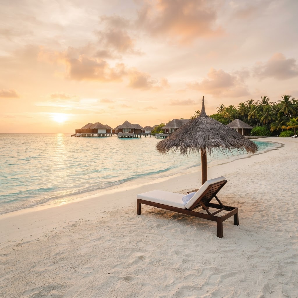 A tranquil tropical resort beach viewed from an empty lounge chair.