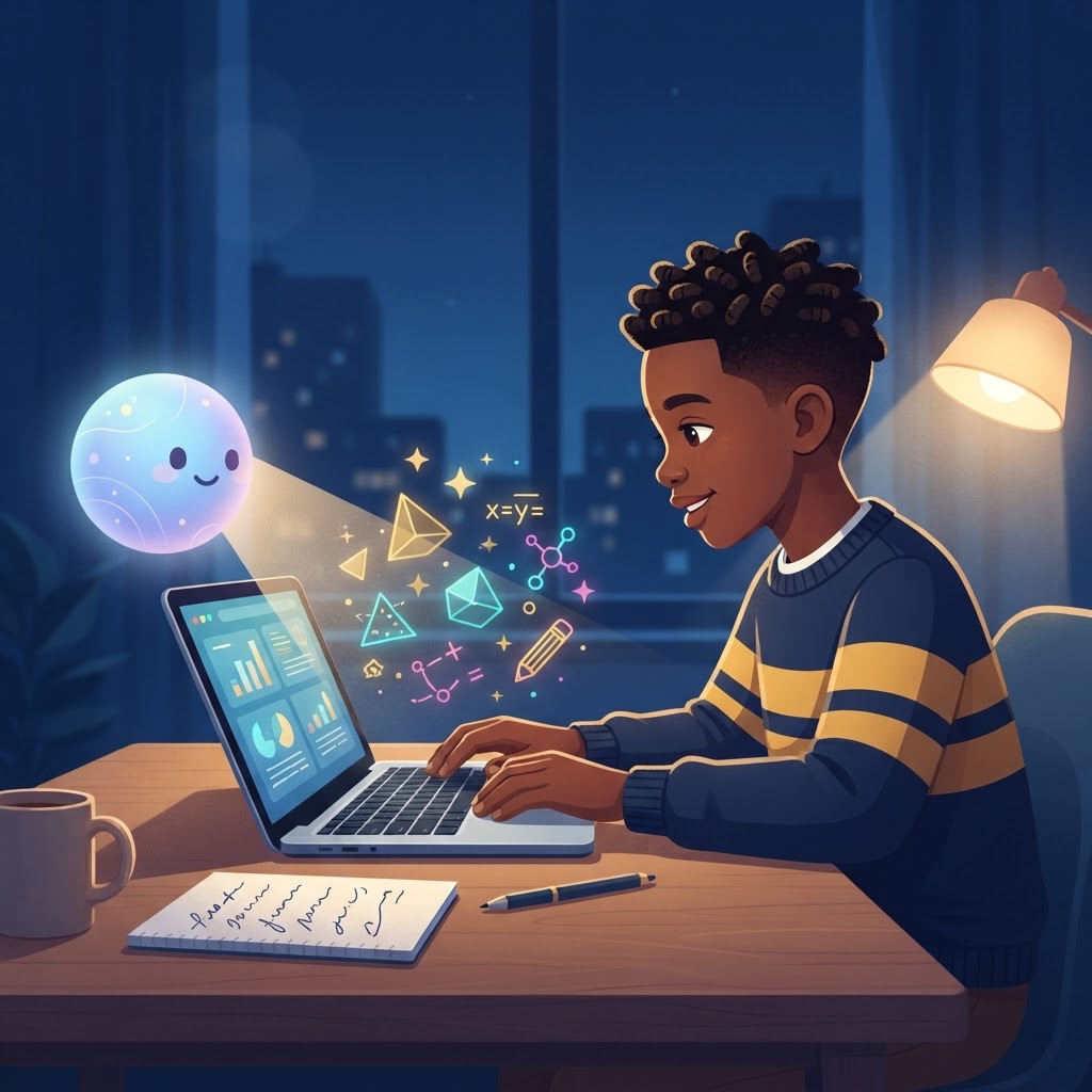 AI homework helper orb guiding a student evening study