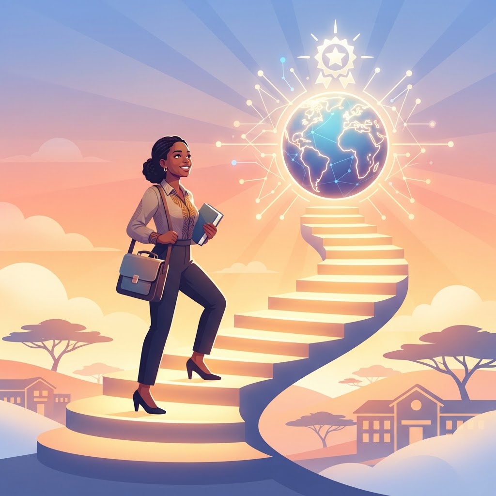 Teacher ascending career growth steps toward a globe
