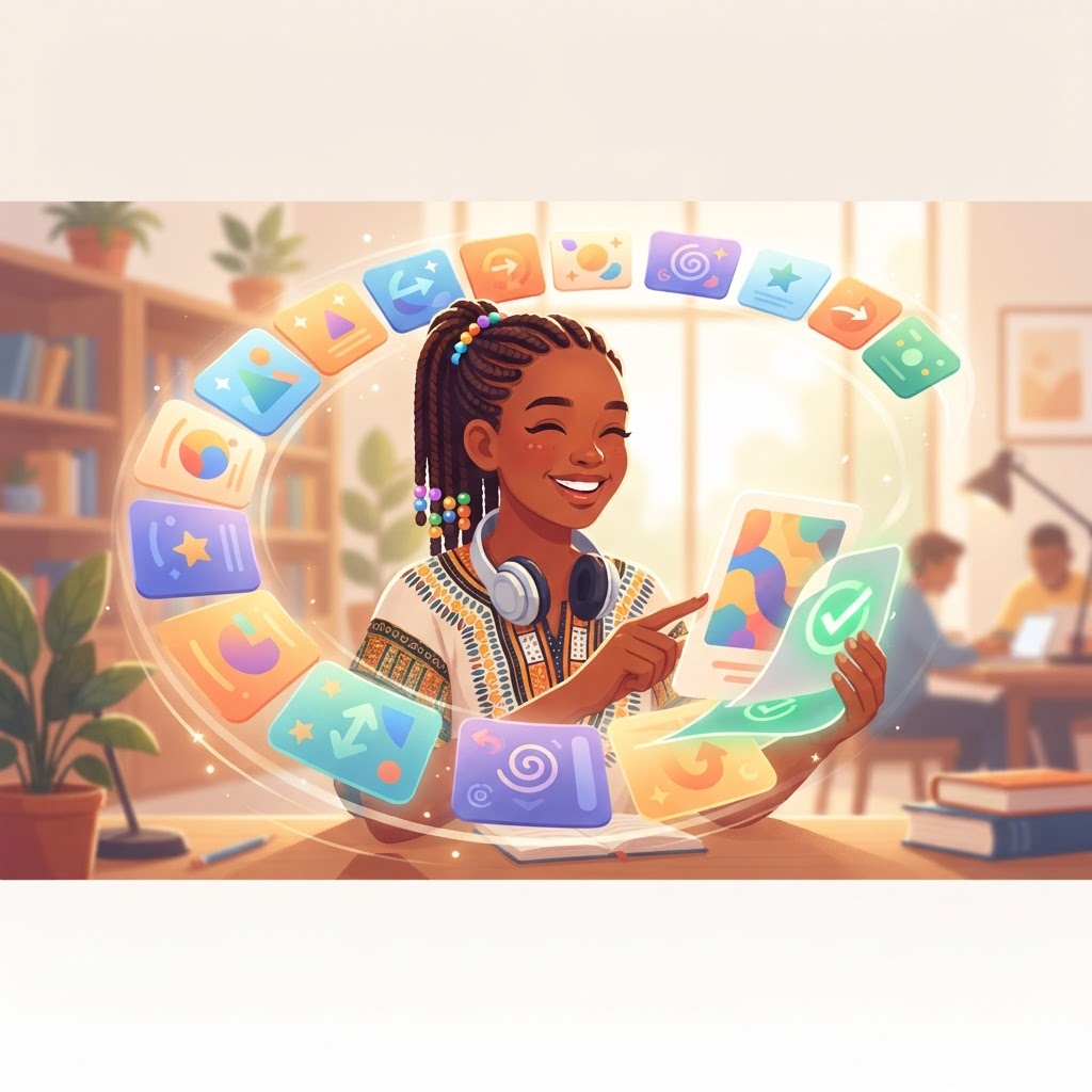 Student flipping through glowing digital flashcards