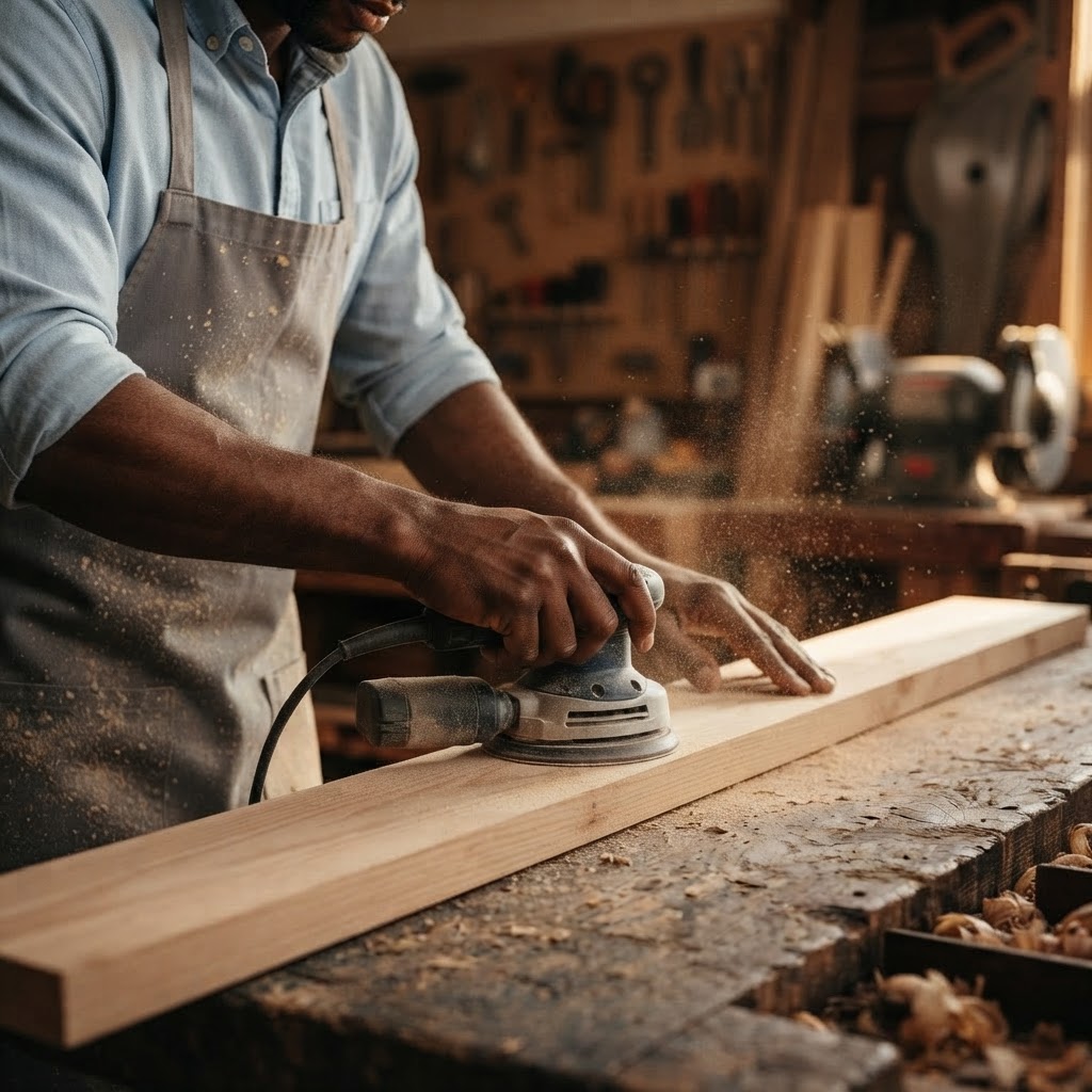 A master carpenter hand-planing reclaimed oak in the Bramley workshop