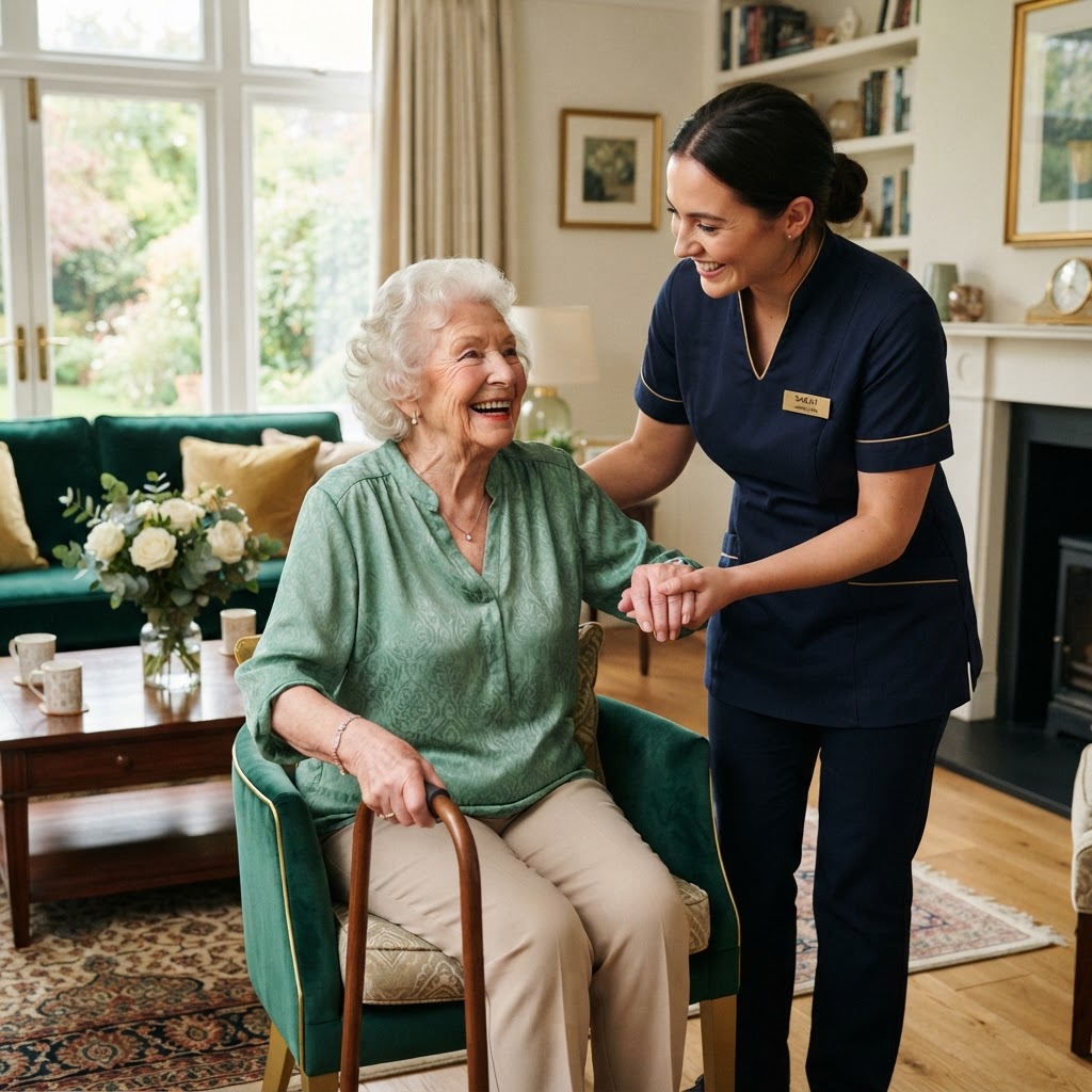 Caring professional assisting elderly person at home