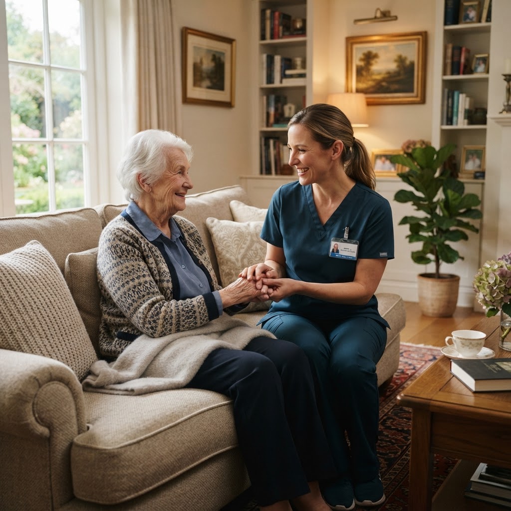 Compassionate caregiver with elderly client