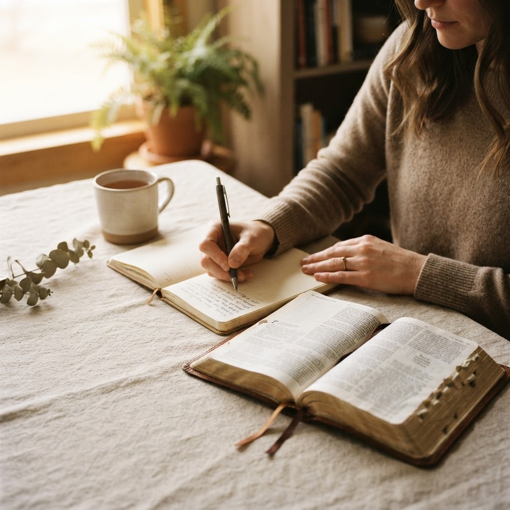 Manos escribiendo en un cuaderno junto a una Biblia abierta