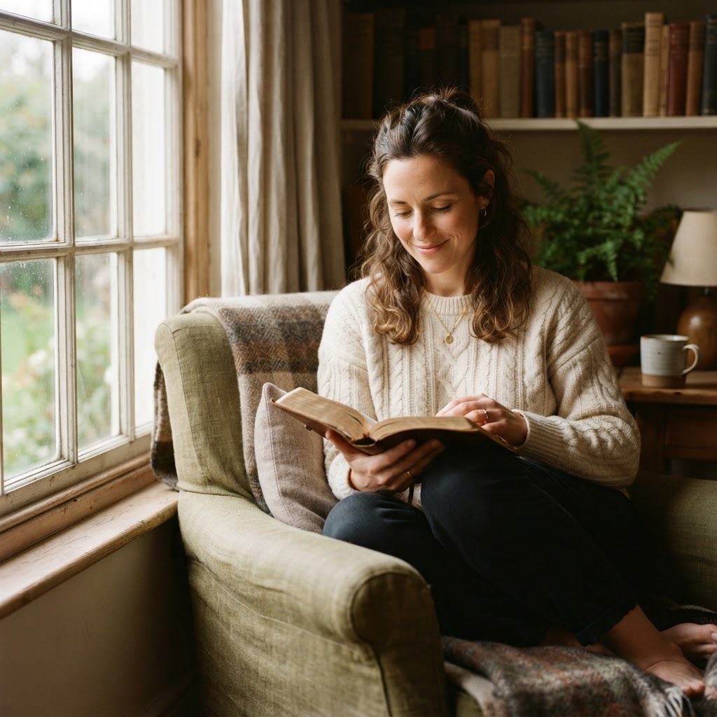 Mujer leyendo su Biblia sentada junto a una ventana con luz cálida