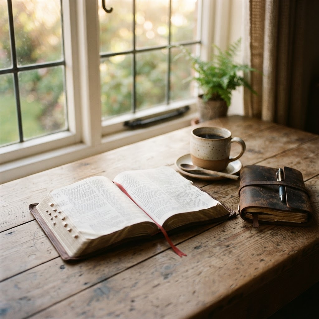 Biblia abierta junto a una ventana con luz cálida de la mañana