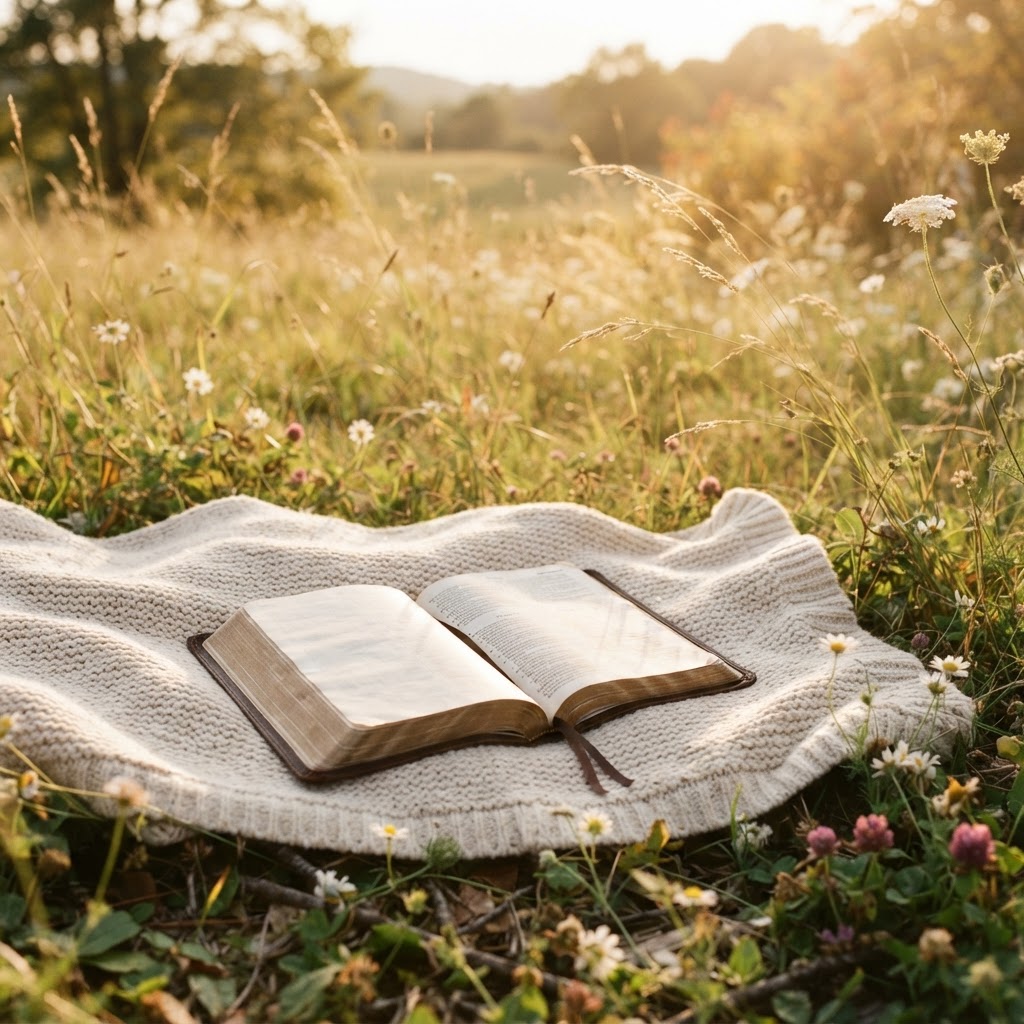 Biblia abierta sobre una manta en un prado soleado