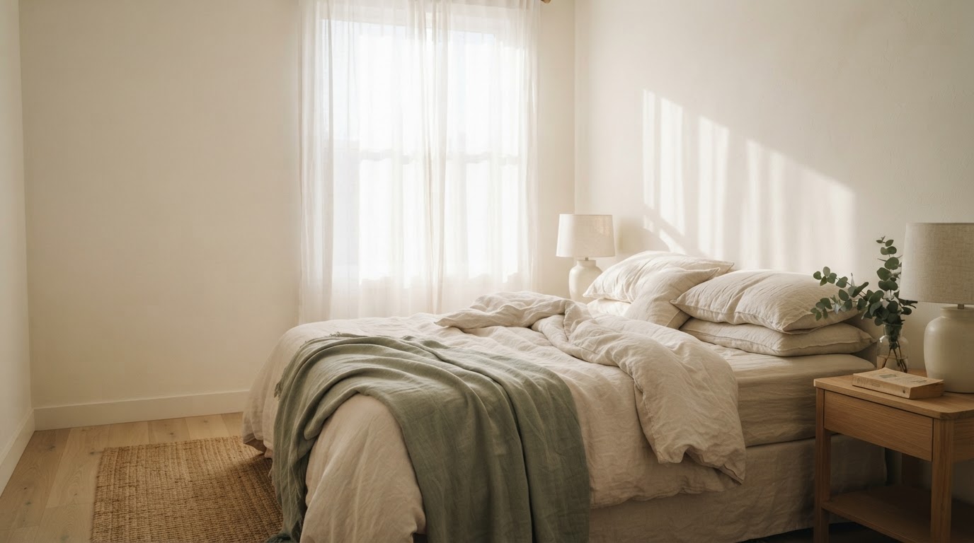 A calm, softly lit bedroom at night