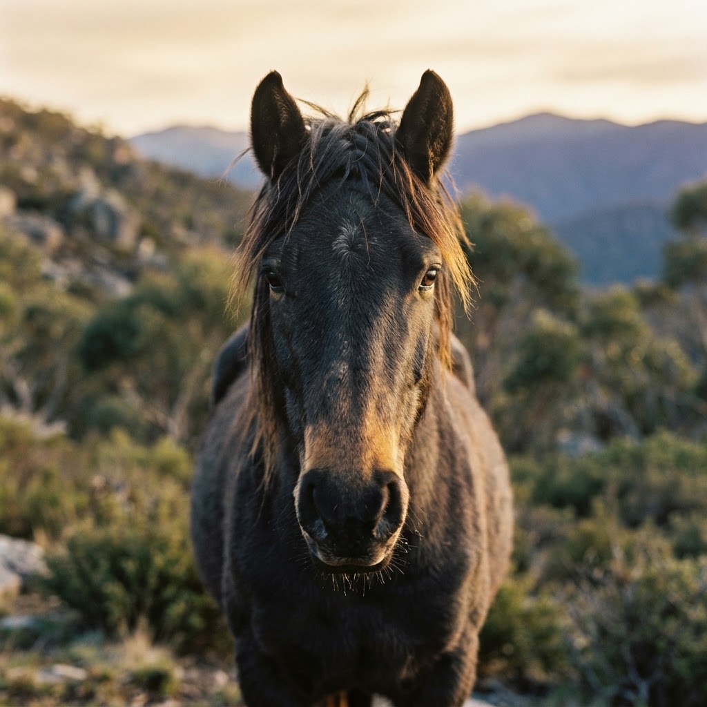 A wild brumby looking directly into the lens