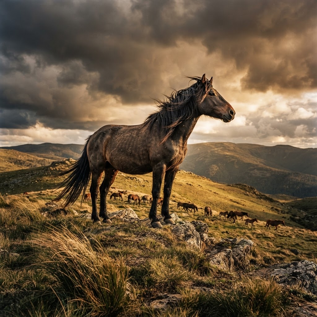 A wild brumby stallion standing watch over his herd on a ridge in late afternoon light