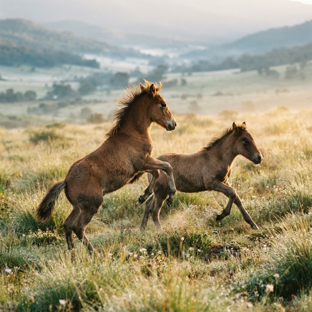 Two young wild brumby foals rearing and chasing each other across tussock grass in soft morning light