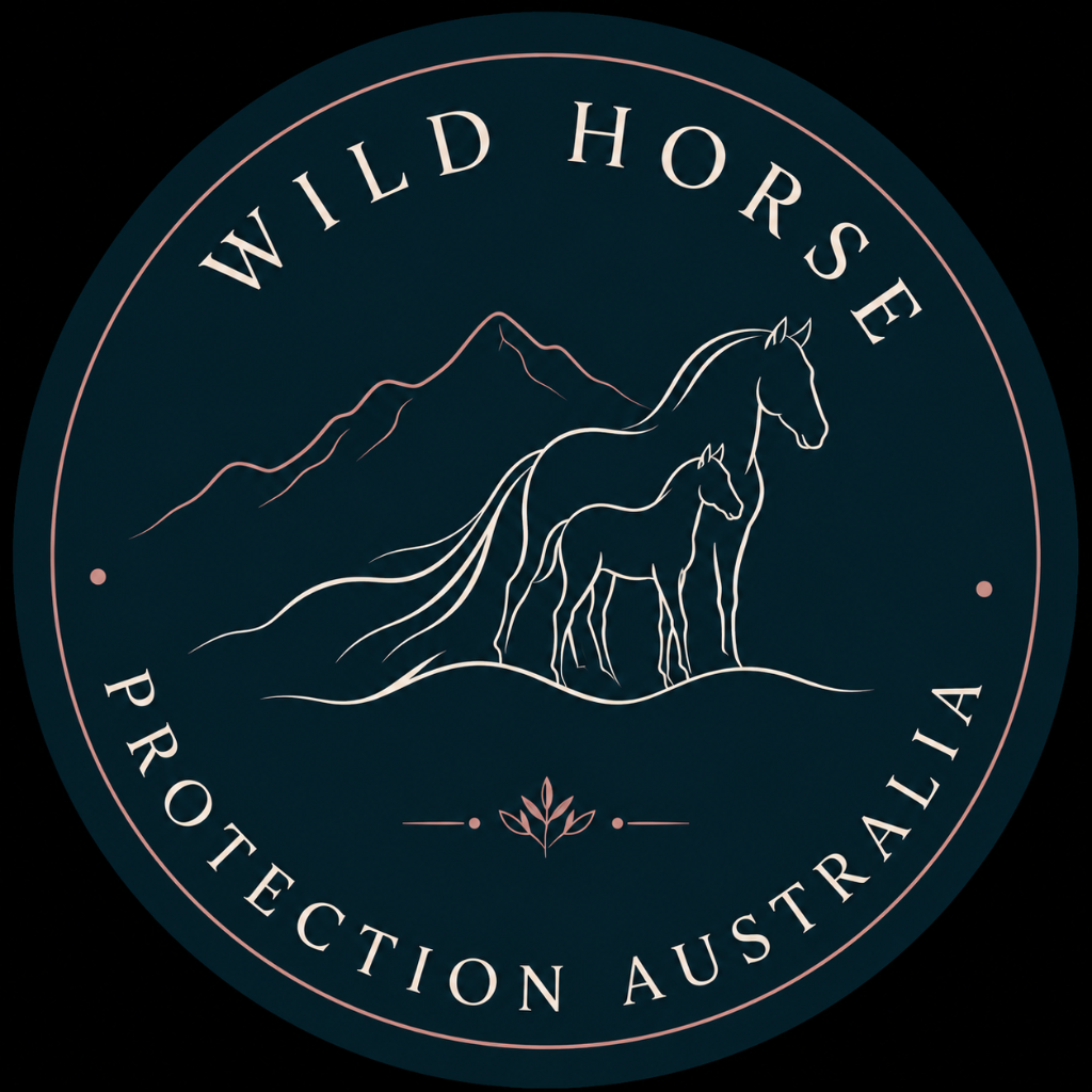 Wild Horse Protection Australia emblem — a mare and foal beneath a mountain range