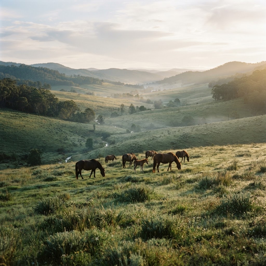 A hidden valley in the Australian High Country with a small family band of wild brumbies grazing