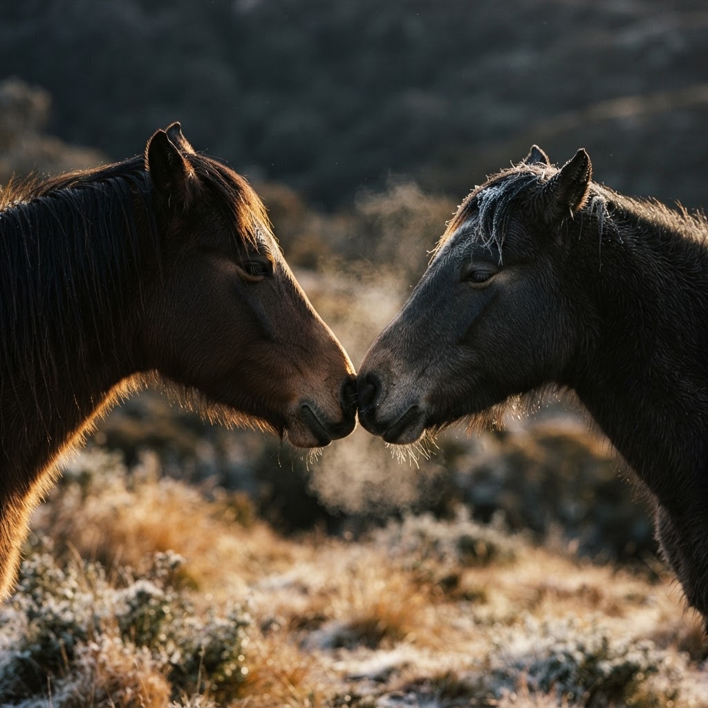 Two wild brumbies gently nuzzling nose to nose, breath visible in cold alpine air