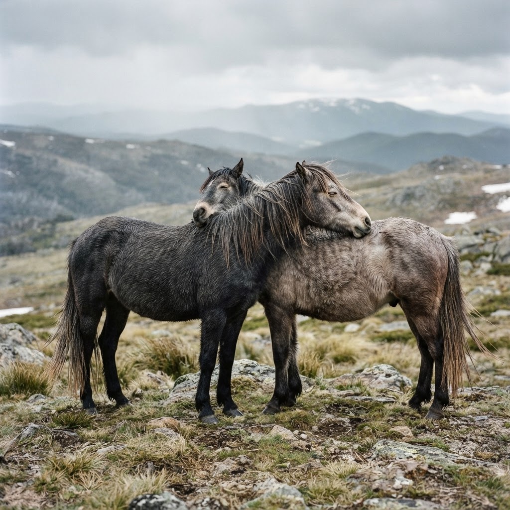 Two wild brumby mares standing head to tail grooming each other, eyes half closed in trust