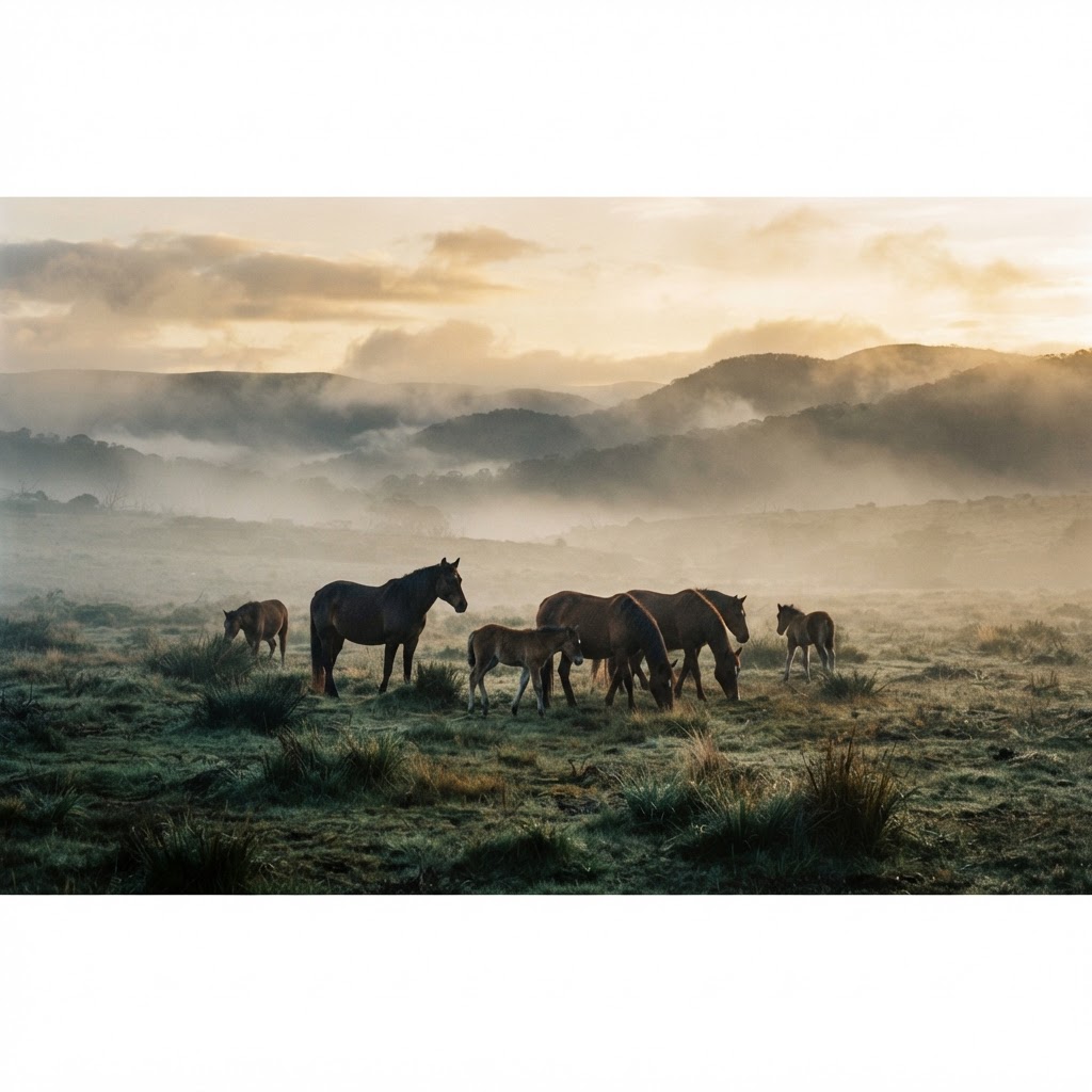 A wild brumby family band grazing together across a misty alpine plain at dawn