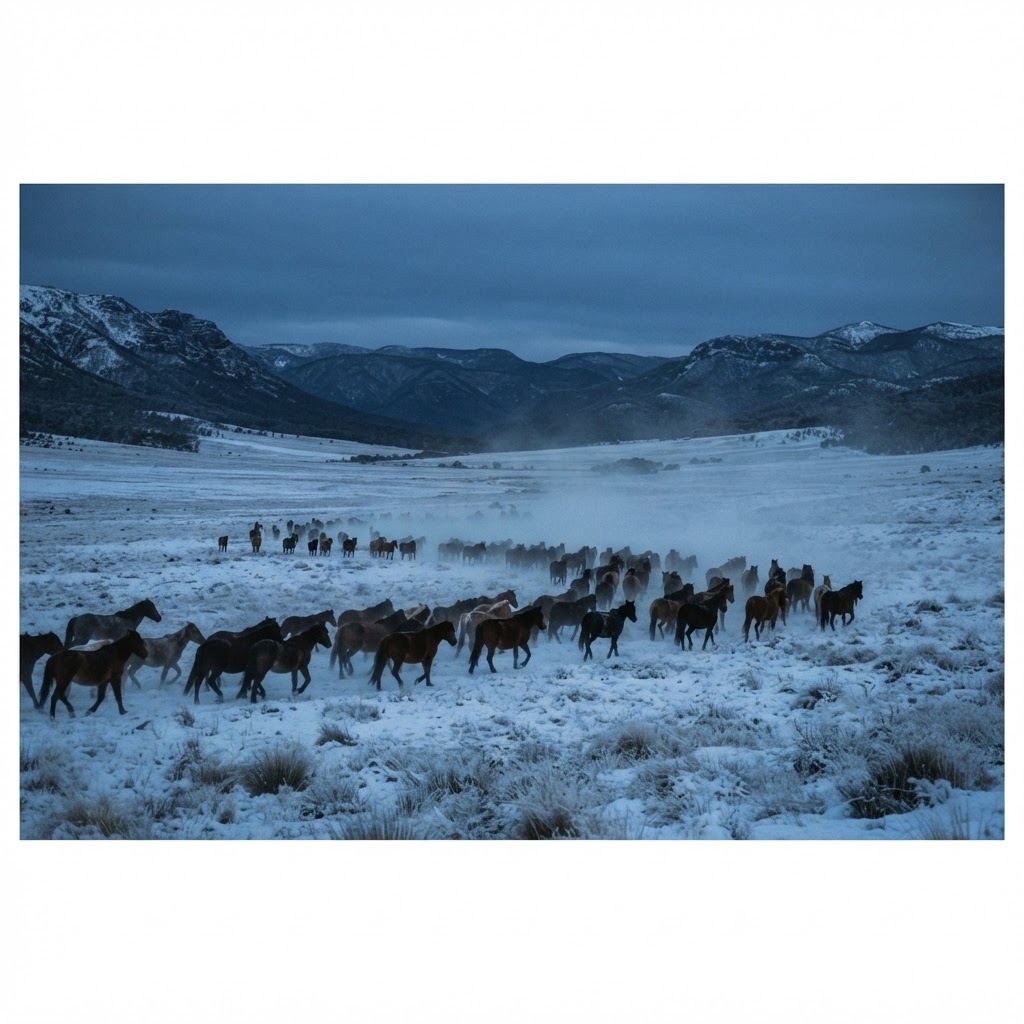 A large herd of wild brumbies moving together across a vast snowy High Country plain at blue hour