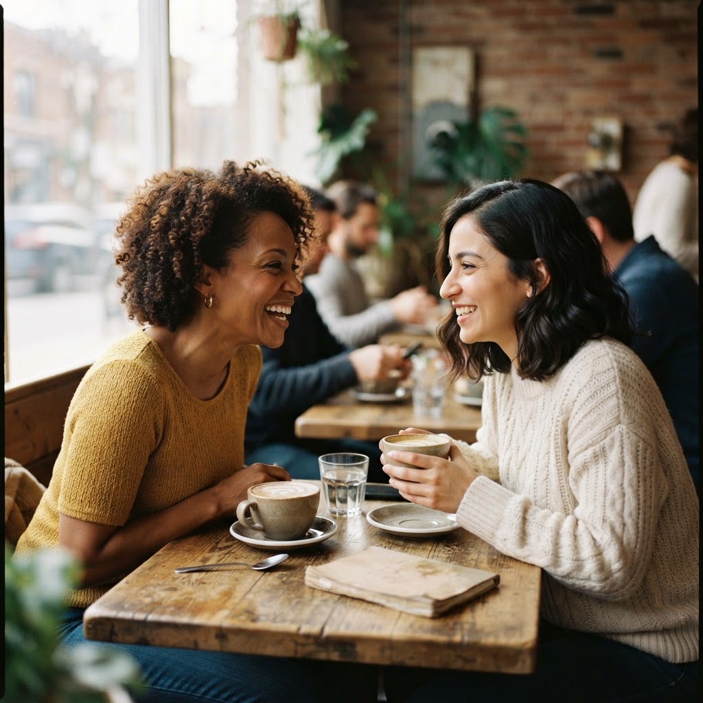 Two diverse women in genuine conversation at a sunlit coffee shop