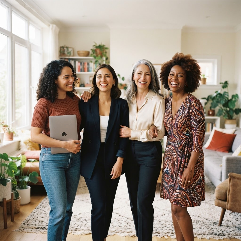 Diverse women of different ages standing together in a sunlit living room, empowered and connected
